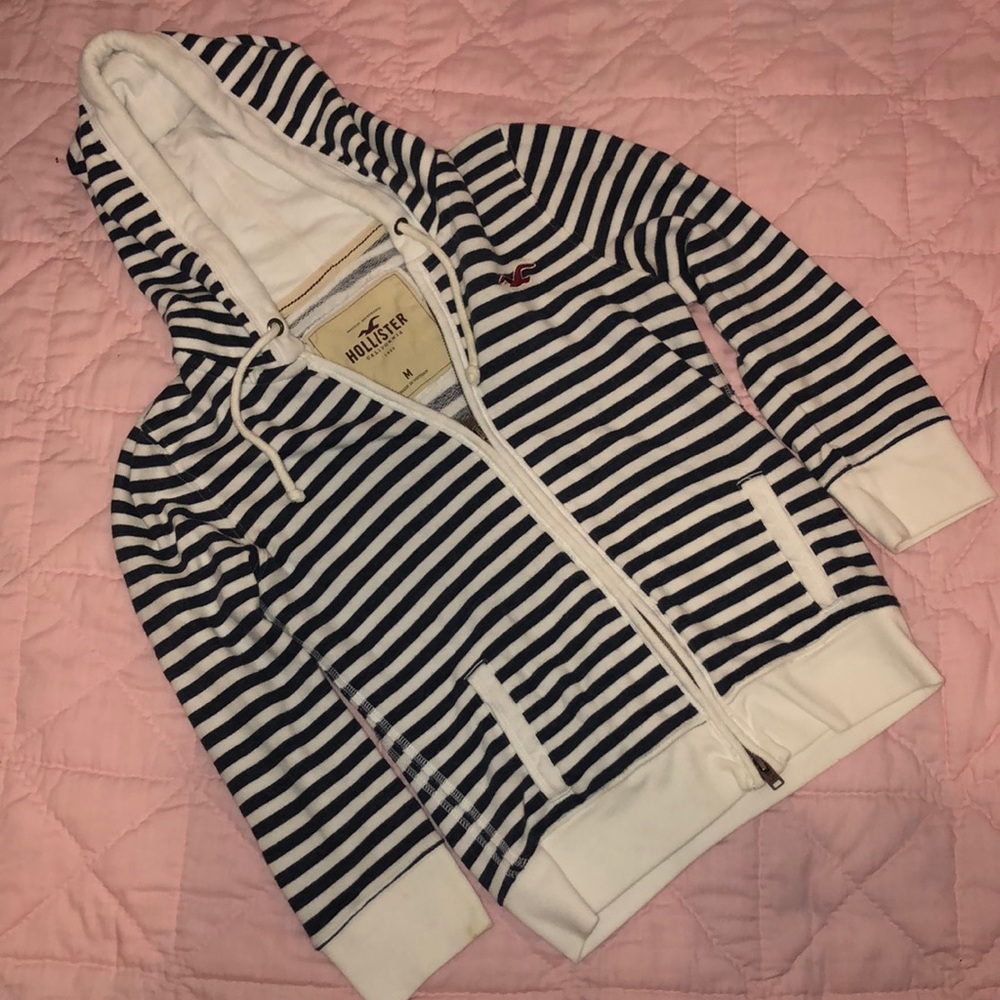 Navy Blue and White Striped Jacket w/ 2 Way Zip
